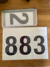 Load image into Gallery viewer, Swappable numbers and backing for number bibs - comes with two laminated backings and complete sets of numbers.