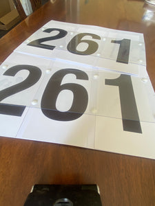 Swappable numbers and backing for number bibs - comes with two laminated backings and complete sets of numbers.