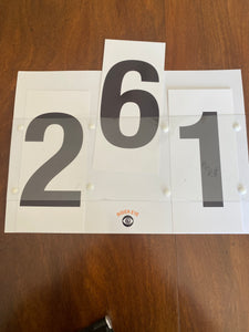 Swappable numbers and backing for number bibs - comes with two laminated backings and complete sets of numbers.